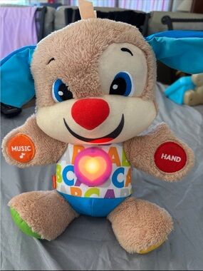 Interactive ABC Puppy Plush Toy with Light-Up Heart - Brown with Blue Ears